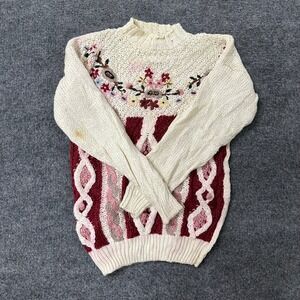 Cherry Stix Sweater Womens Size L Cream Burgundy Ramie Embroidered Floral Vtg